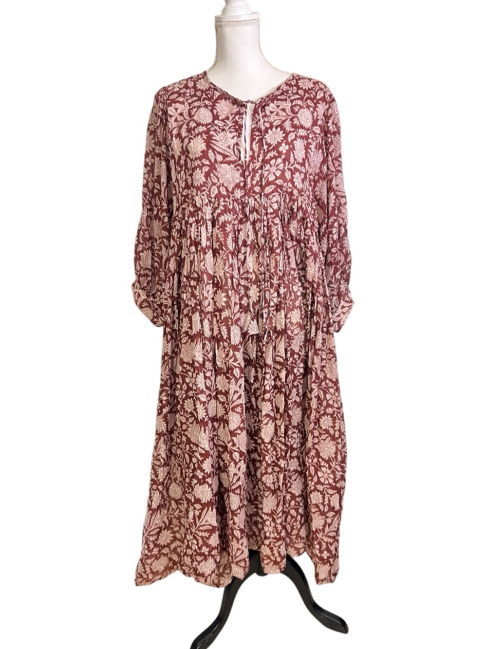 Daughters Of India Size XL Kyra Midi Dress Brown White Cotton Bohemian